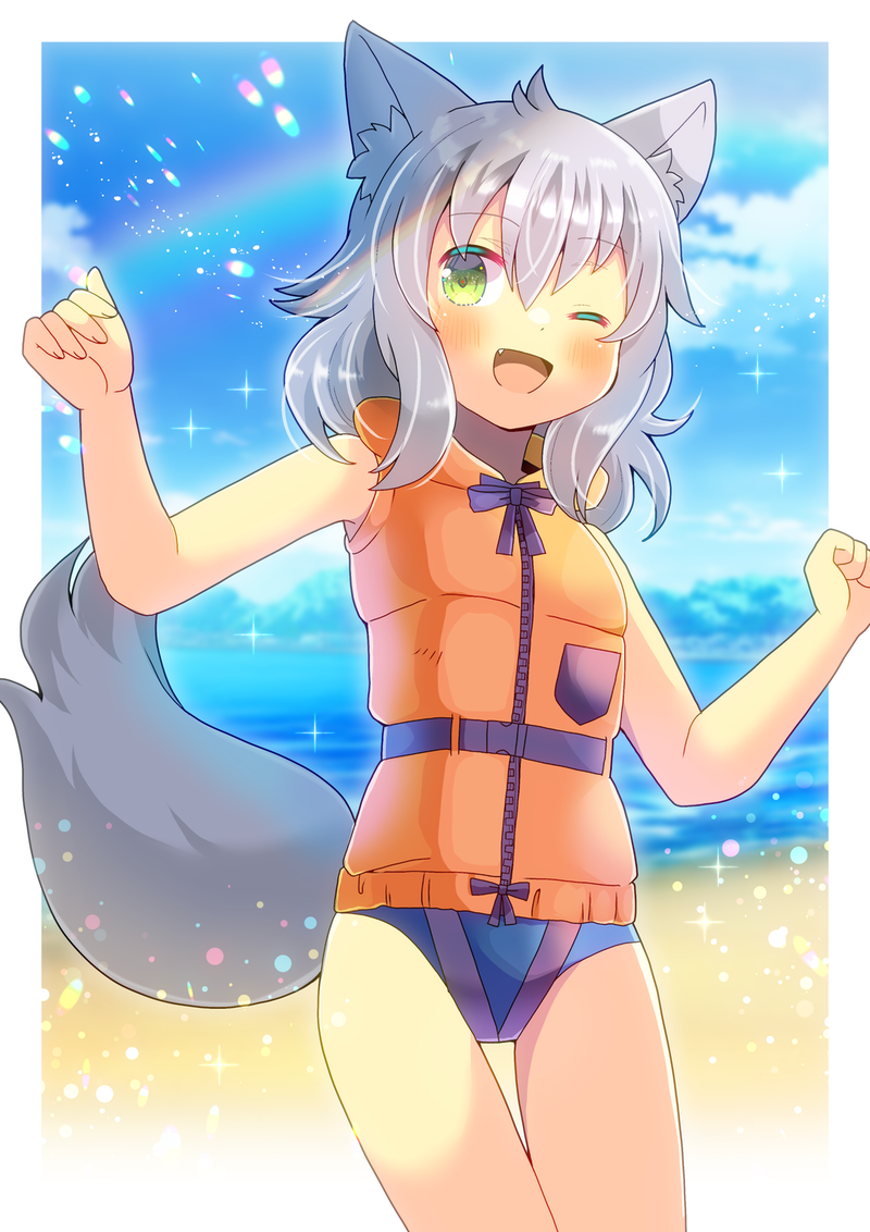 1girl animal_ears blush dark_skin fang green_eyes kou_hiyoyo life_vest looking_to_the_side one_eye_closed original silver_hair smile solo swimsuit tail tan wolf_ears wolf_girl wolf_tail