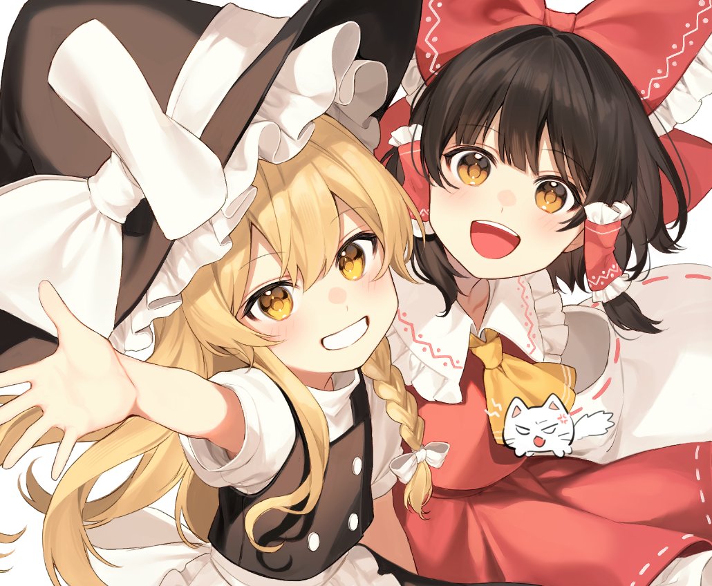2girls anger_vein angry animal animal_ears apron arm_up ascot back_bow bangs bare_shoulders black_dress black_hair blonde_hair blush bow braid brown_headwear buttons cat cat_ears cat_tail closed_mouth collarbone collared_dress colored_skin detached_sleeves dress eyebrows_visible_through_hair frills hair_between_eyes hair_bow hair_ornament hair_tubes hakurei_reimu hand_up hat hat_bow jill_07km kirisame_marisa long_hair long_sleeves looking_at_viewer looking_away looking_up multiple_girls open_mouth orange_eyes puffy_short_sleeves puffy_sleeves red_bow red_dress shirt short_hair short_sleeves simple_background single_braid smile standing tail teeth tongue touhou white_apron white_background white_bow white_eyes white_shirt white_skin wide_sleeves witch_hat yellow_ascot yellow_eyes