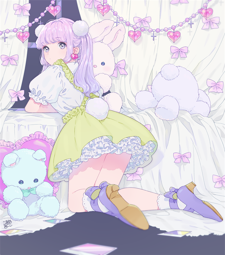 1girl bow cross curtains dress earrings frills from_behind hair_ornament heart heart_earrings indoors jewelry kneeling looking_at_viewer looking_back mary_janes mosuko original petticoat pillow pinafore_dress pom_pom_(clothes) pom_pom_hair_ornament puffy_short_sleeves puffy_sleeves purple_hair shoes short_dress short_sleeves solo stuffed_animal stuffed_toy twintails violet_eyes window windowsill