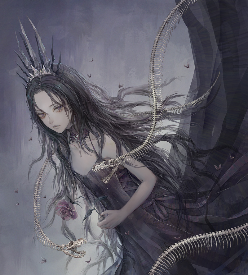 1girl black_dress black_hair bone breasts bug closed_mouth collar crown dress flower fly holding holding_flower long_dress long_hair original rose skeleton sleeveless sleeveless_dress small_breasts snake solo violet_eyes yoshicha