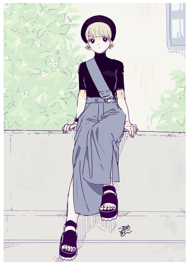 1girl bangs black_eyes blonde_hair blunt_bangs bracelet chest_strap denim earrings foliage hat high-waist_pants jeans jewelry mosuko original outdoors pants platform_footwear sandals short_hair short_sleeves sitting sketch solo turtleneck very_short_hair