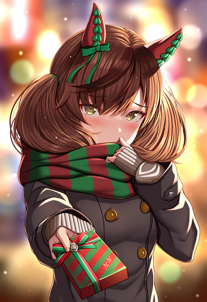 1girl animal_ears bangs black_coat blurry blurry_background box brown_hair coat commentary_request eyebrows_visible_through_hair gift gift_box green_scarf holding holding_gift horse_ears horse_girl long_sleeves looking_at_viewer nice_nature_(umamusume) red_scarf scarf short_hair solo striped striped_scarf umamusume valentine yellow_eyes zukky