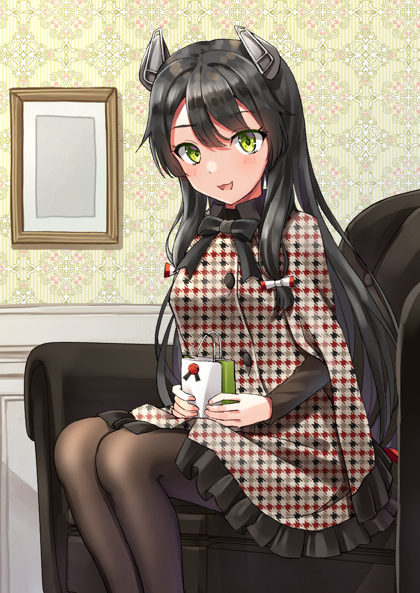 1girl black_hair black_legwear blush box couch eyebrows_visible_through_hair gift gift_box green_eyes hair_between_eyes headgear i-47_(kancolle) kantai_collection long_hair long_sleeves low-tied_long_hair mayura2002 official_alternate_costume open_mouth pantyhose picture_(object) sidelocks sitting smile solo
