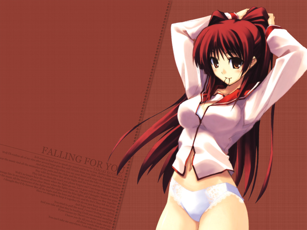 blush bra brown_eyes dressing kousaka_tamaki lace-trimmed_panties lingerie long_hair mouth_hold no_pants panties red_hair school_uniform serafuku to_heart_2 underwear wallpaper white_panties