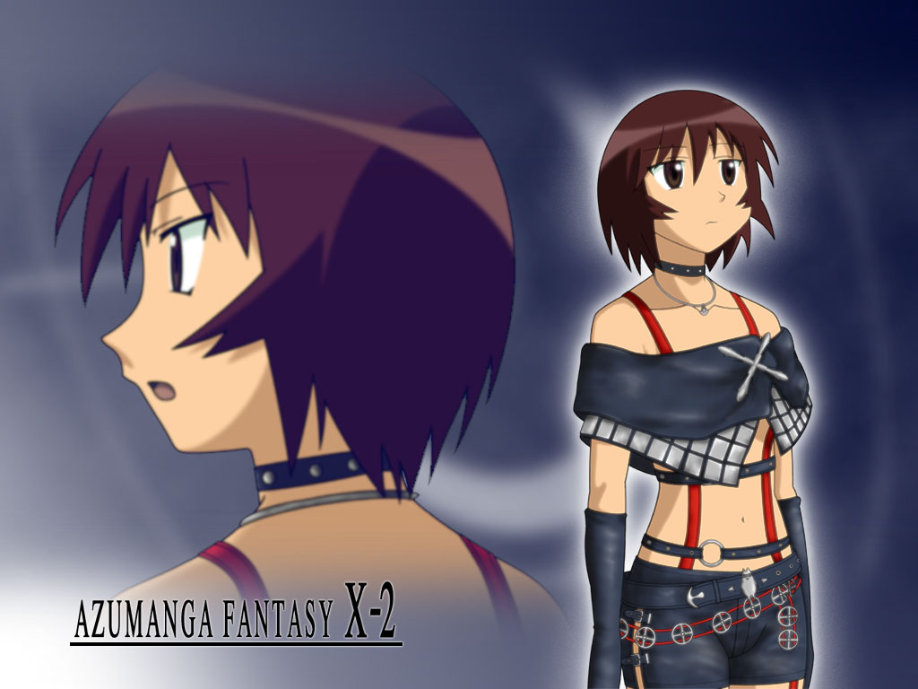 azumanga_daioh belt brown_eyes brown_hair choker cosplay crossover final_fantasy final_fantasy_x final_fantasy_x-2 jewelry kagura necklace paine paine_(cosplay) parody short_hair shorts solo zoom_layer