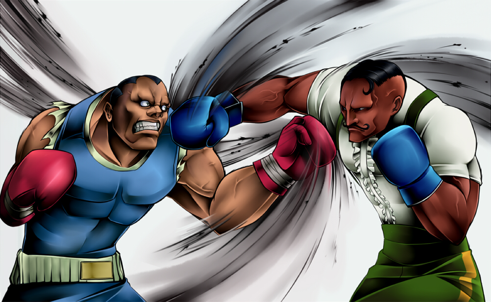 belt black_hair boxing boxing_gloves crosscounter dark_skin dudley facial_hair m_bison male manly muscle mustache punching street_fighter street_fighter_iii street_fighter_iii:_3rd_strike street_fighter_iv yukichi_(artist)