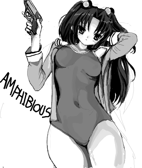 gun hair_bobbles hair_ornament handgun ichinose_kotomi juuyon long_hair monochrome no_pants one-piece_swimsuit open_clothes open_shirt pistol school_swimsuit school_uniform shirt swimsuit swimsuit_under_clothes trigger_discipline twintails two_side_up undressing weapon wide_hips