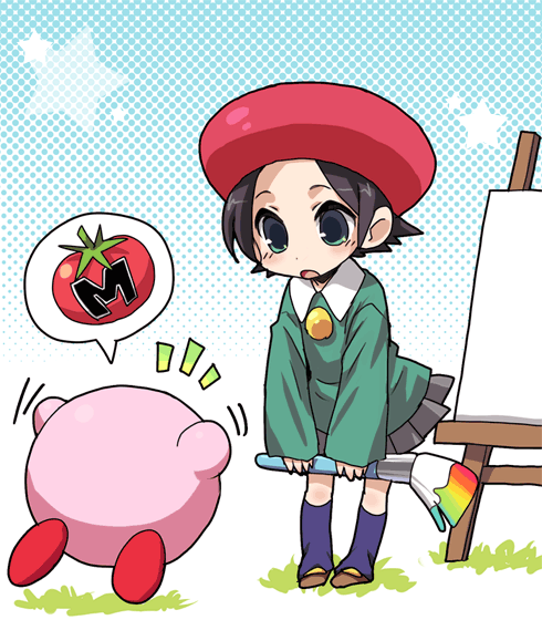 adeleine brown_hair canvas chibi easel floating green_eyes halftone halftone_background hat holding hone hoshi_no_kirby hoshi_no_kirby_64 kirby kirby_(series) kirby_64 loose_socks maxim_tomato paintbrush pleated_skirt short_hair skirt socks speech_bubble spoken_food standing star