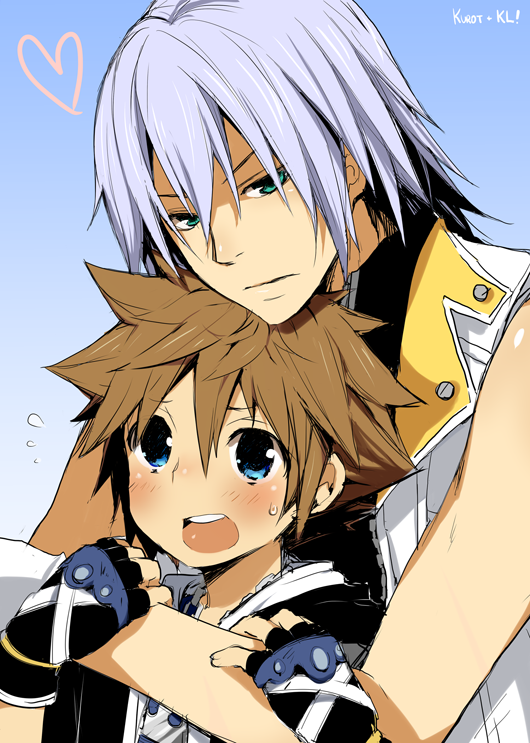 aqua_eyes blue_eyes blush brown_hair fingerless_gloves gloves kingdom_hearts kingdom_hearts_ii kl male multiple_boys open_mouth riku silver_hair sora_(kingdom_hearts) yaoi