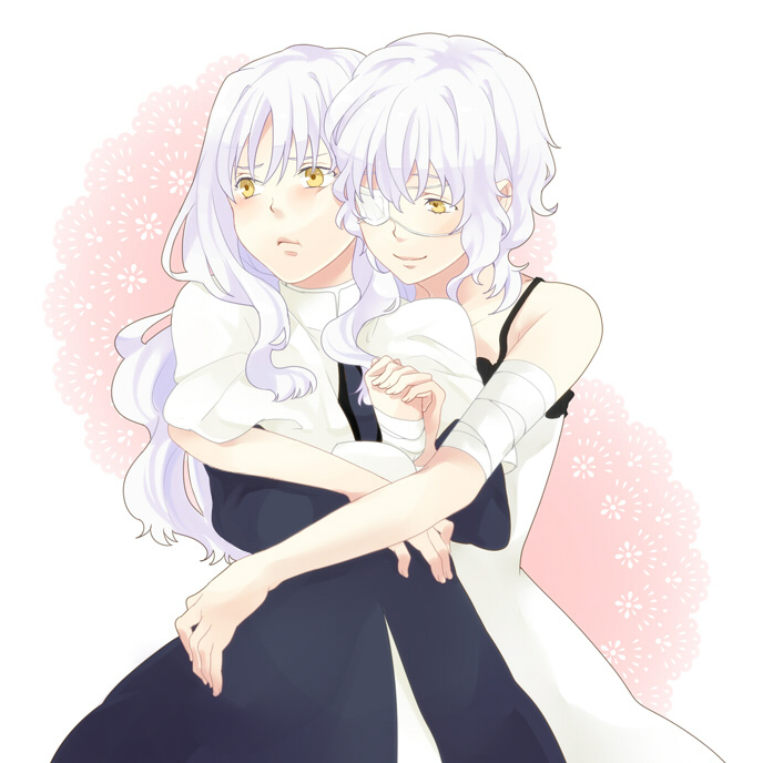 2girls blush caren_hortensia claudia_hortensia dress eyepatch fate/hollow_ataraxia fate/stay_night fate/zero fate_(series) habit hug hug_from_behind long_hair mother_and_daughter multiple_girls passo0102 short_hair time_paradox wavy_hair white_hair yellow_eyes