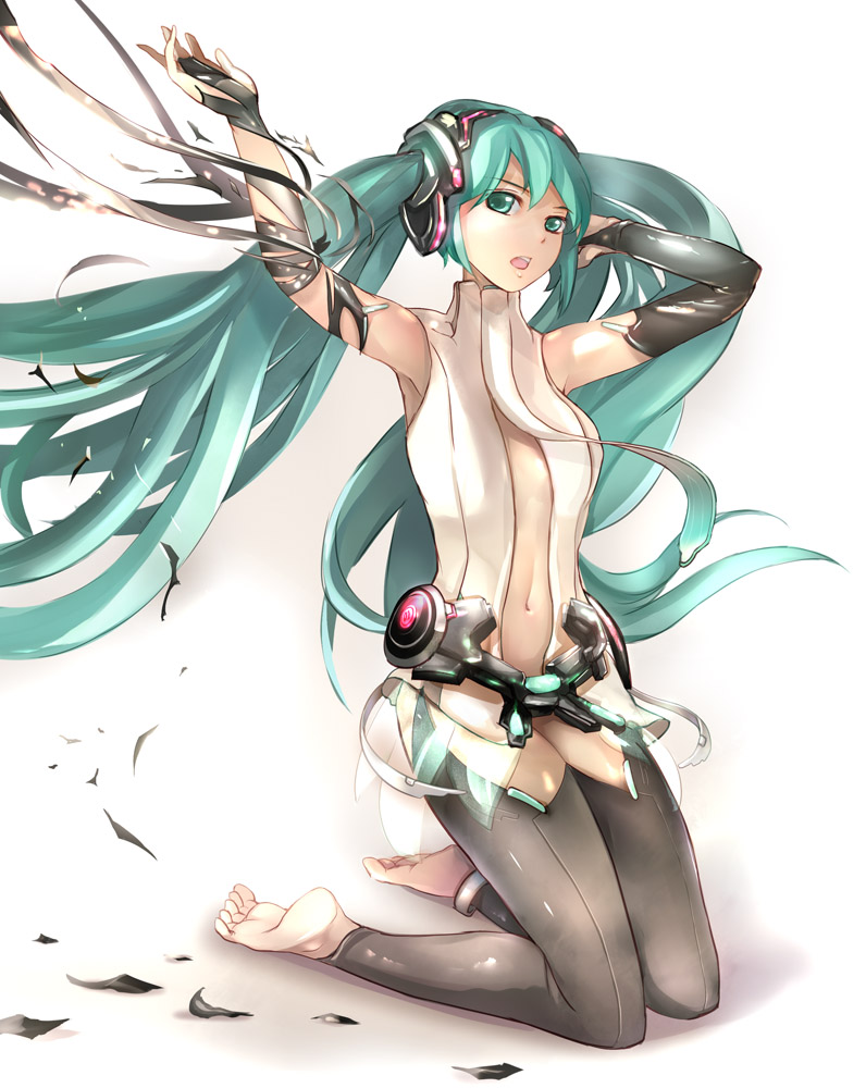 anklet aqua_eyes aqua_hair armpits bare_shoulders barefoot detached_sleeves feet hand_on_headphones hatsune_miku hatsune_miku_(append) headphones jewelry kneeling legs long_hair miku_append navel soles solo suoni_(deeperocean) toeless_socks toes torn_clothes very_long_hair vocaloid vocaloid_append