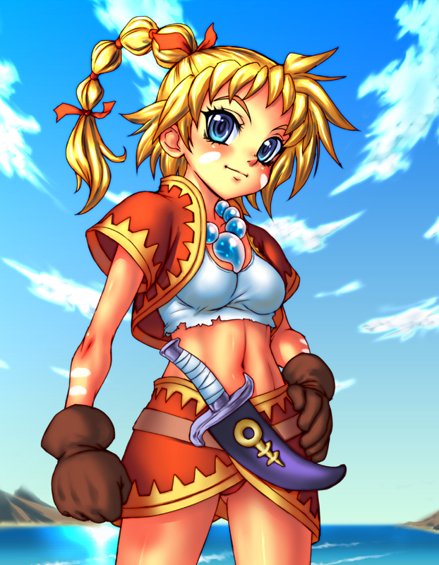 blonde_hair blue_eyes chrono_cross clouds dagger female gloves jacket kid_(chrono_cross) long_hair midriff miniskirt necklace ponytail rokko sea skirt sky solo tanktop water