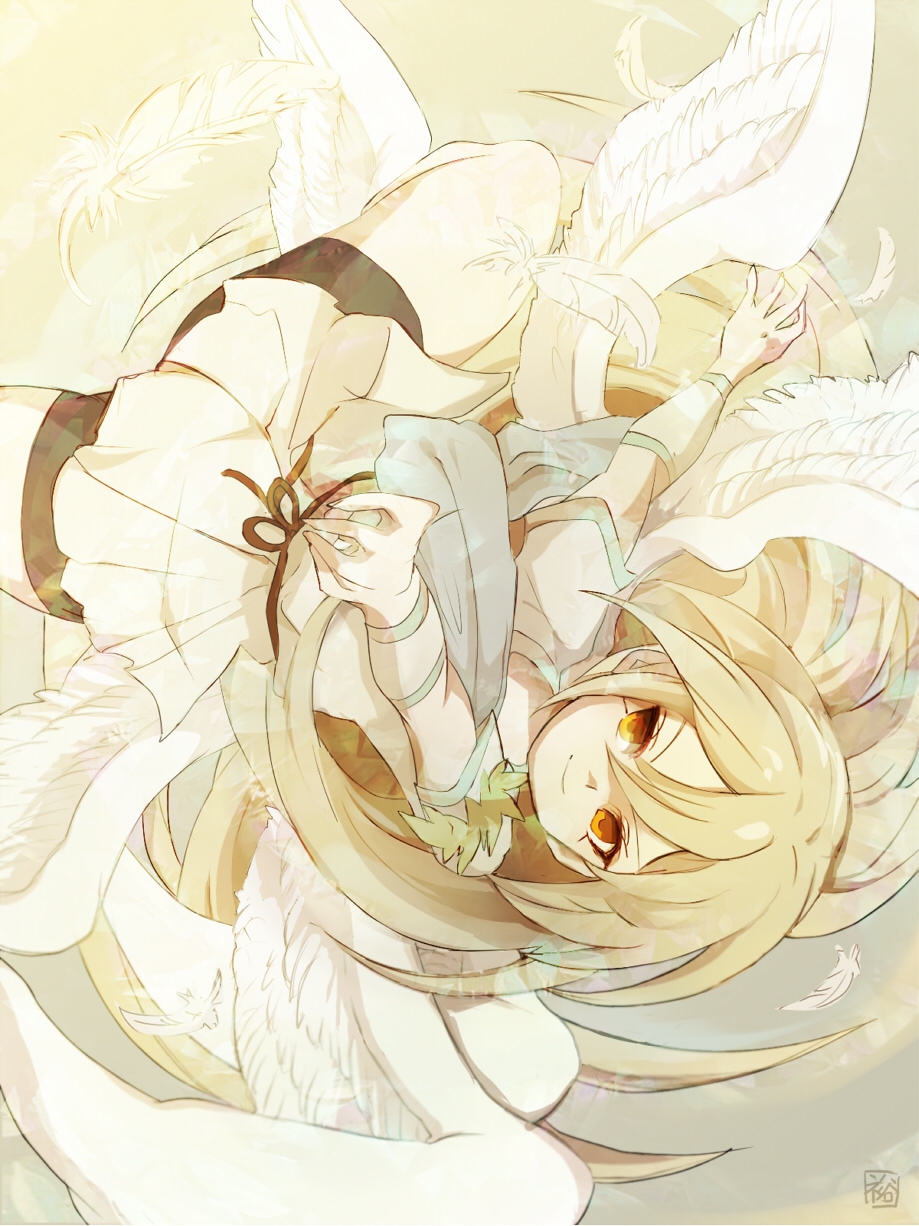 angel_wings aphrodite_(inazuma_eleven) bike_shorts blonde_hair feathers foreshortening highres inazuma_eleven long_hair multiple_wings original short_sleeves smile solo upside-down wings yellow_eyes yuu_(pixiv769259)