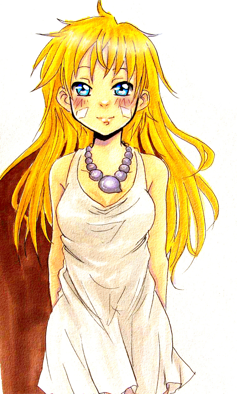 alternate_costume arms_behind arms_behind_back beads blonde_hair blue_eyes blush breasts chrono_cross dress facial_mark female highres jewelry kid_(chrono_cross) ladymarta long_hair necklace smile solo white_dress work_in_progress