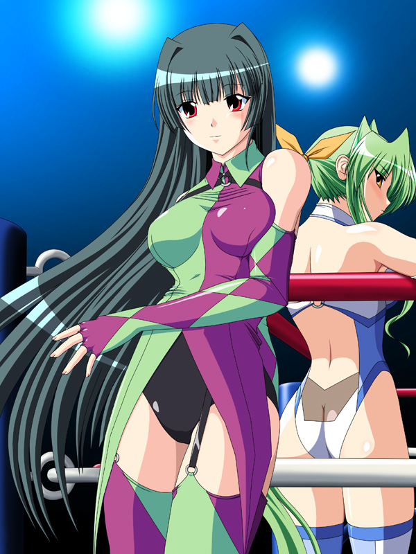 black_hair boots cleavage_cutout elbow_gloves fingerless_gloves gloves green_hair himuro_shizuku leotard long_hair ponytail red_eyes ribbon sakurai_chisato thigh-highs thigh_boots wrestle_angels wrestle_angels_survivor wrestle_angels_survivor_2 yellow_eyes