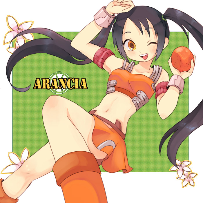 armpits bad_id black_hair flat_chest flower food fruit holding holding_fruit legs midriff miniskirt navel oota orange orange_eyes original skirt smile twintails wink