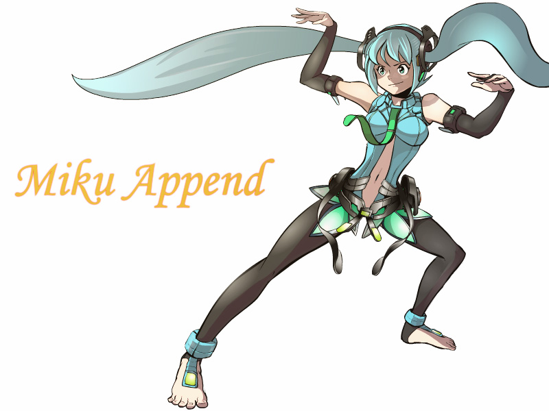 anklet aqua_eyes aqua_hair barefoot belt elbow_gloves fingerless_gloves gloves hatsune_miku hatsune_miku_(append) itaio jewelry legs long_hair miku_append navel necktie nippori_honsha pose simple_background smile solo toeless_socks twintails very_long_hair vocaloid vocaloid_append