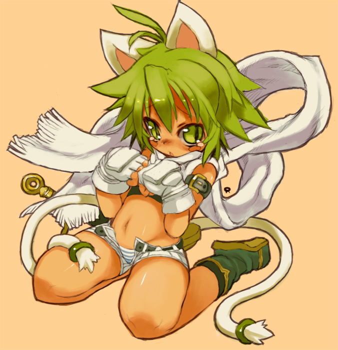 aoneko bangs bare_shoulders belt beryl_(shinrabanshou) black_bra blue_panties blush boots bra cat_ears cat_tail dark_skin fingerless_gloves flat_chest gloves green_eyes green_hair lingerie mound_of_venus multiple_tails navel open_mouth panties shinrabanshou short_hair shorts simple_background sitting striped striped_panties tail tears underwear unzipped