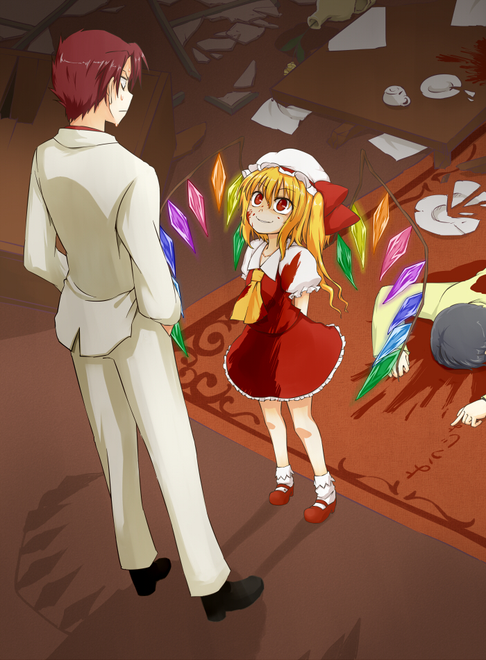 blonde_hair blood broken crossover dying_message flandre_scarlet hat height_difference nervous ponytail red_eyes red_hair redhead riwon_(junpei0122) shadow short_hair side_ponytail smirk touhou umineko_no_naku_koro_ni ushiromiya_battler ushiromiya_george wings you_gonna_get_raped