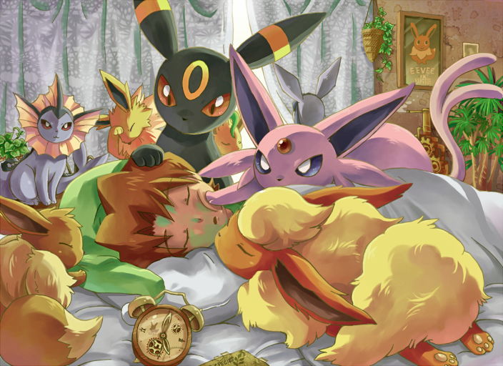 1boy alarm_clock bed brown_hair clock closed_eyes eevee espeon flareon gears glaceon jolteon leafeon nightcap picture pokemon pokemon_(creature) sen_pic sleeping sonezaki_masaki umbreon vaporeon