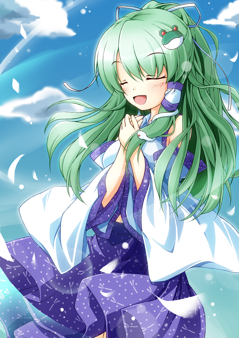 alternate_hairstyle altivr closed_eyes detached_sleeves frog green_hair hair_ornament highres japanese_clothes kochiya_sanae long_hair ponytail snake solo touhou