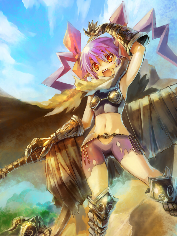 breastplate cape edobox gauntlets greaves lowleg midriff orange_eyes original pointy_ears purple_hair smile solo torn_clothes twintails