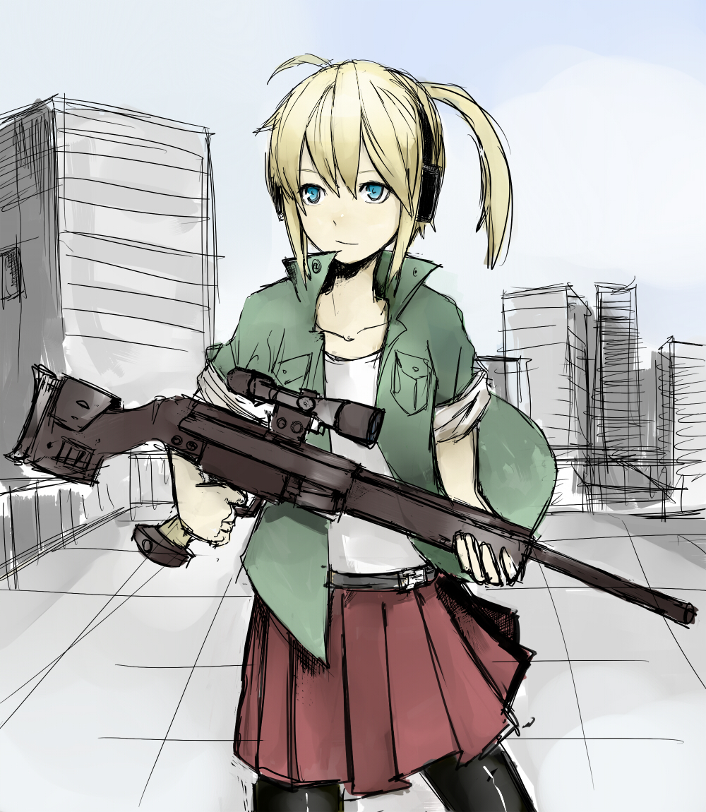 bad_id blonde_hair blue_eyes ear_protection earmuffs gun iris_(material_sniper) materia_candy material_sniper pantyhose ponytail psg-1 rifle rooftop scope singlet sketch skirt sleeves_rolled_up sniper_rifle solo weapon