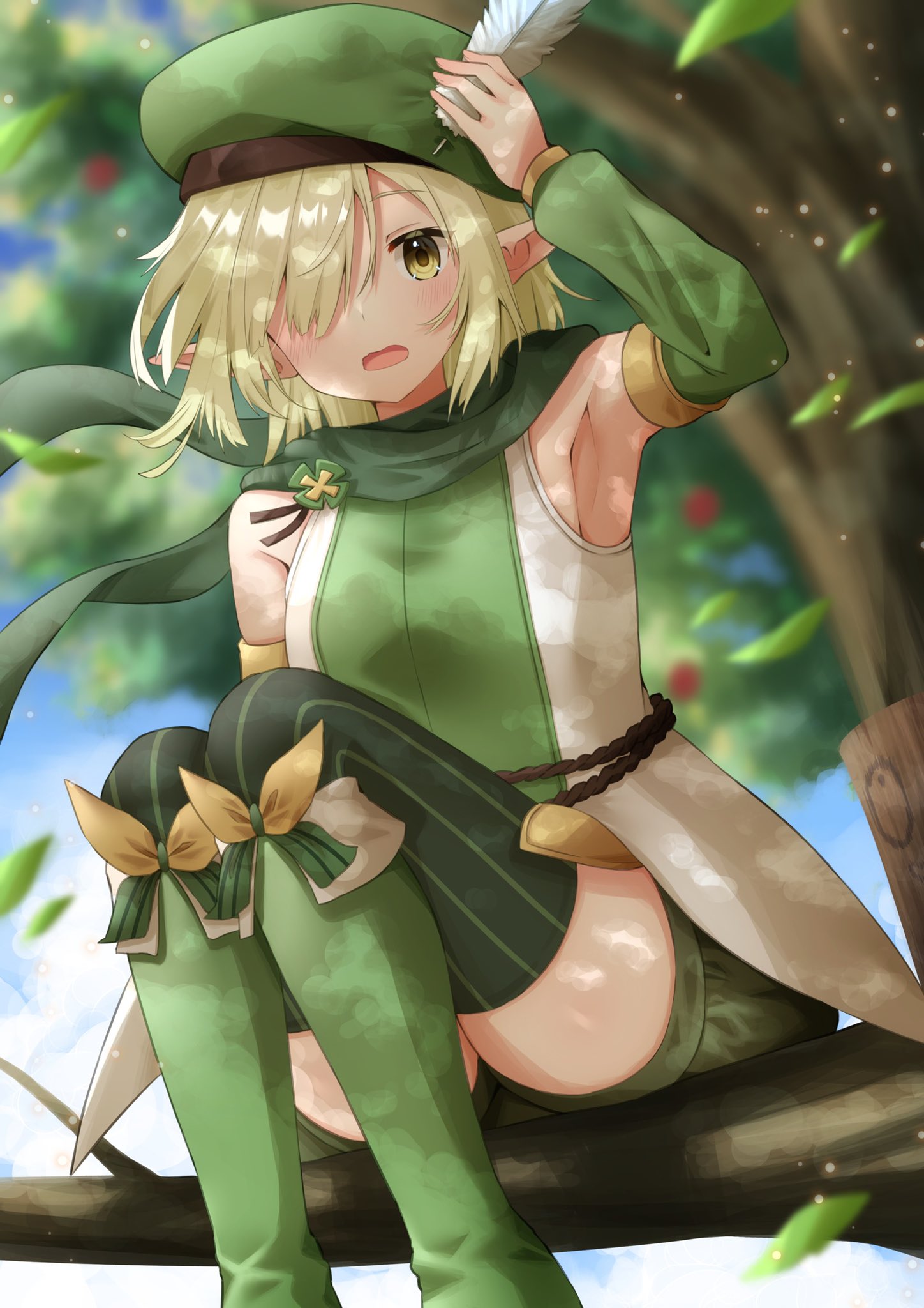 1girl adjusting_clothes adjusting_headwear aoi_(princess_connect!) armpits beret blonde_hair blurry blurry_background boots detached_sleeves elf green_footwear green_theme hair_over_one_eye hat highres in_tree looking_at_viewer medium_hair open_mouth pointy_ears princess_connect! scarf sitting sitting_in_tree solo striped striped_legwear thigh-highs thigh_boots tree vertical-striped_legwear vertical_stripes yamano_rokamizu yellow_eyes