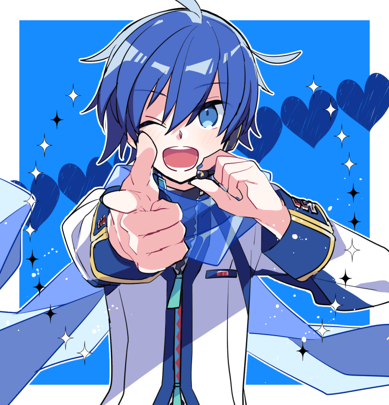 1boy aiming_at_viewer blue_background blue_eyes blue_hair blue_nails blue_scarf coat commentary finger_gun foreshortening headset heart holding holding_microphone kaito_(vocaloid) kaito_(vocaloid3) looking_at_viewer male_focus microphone nail_polish one_eye_closed open_mouth scarf see-through smile solo sparkle upper_body vocaloid white_coat yoshiki zipper zipper_pull_tab