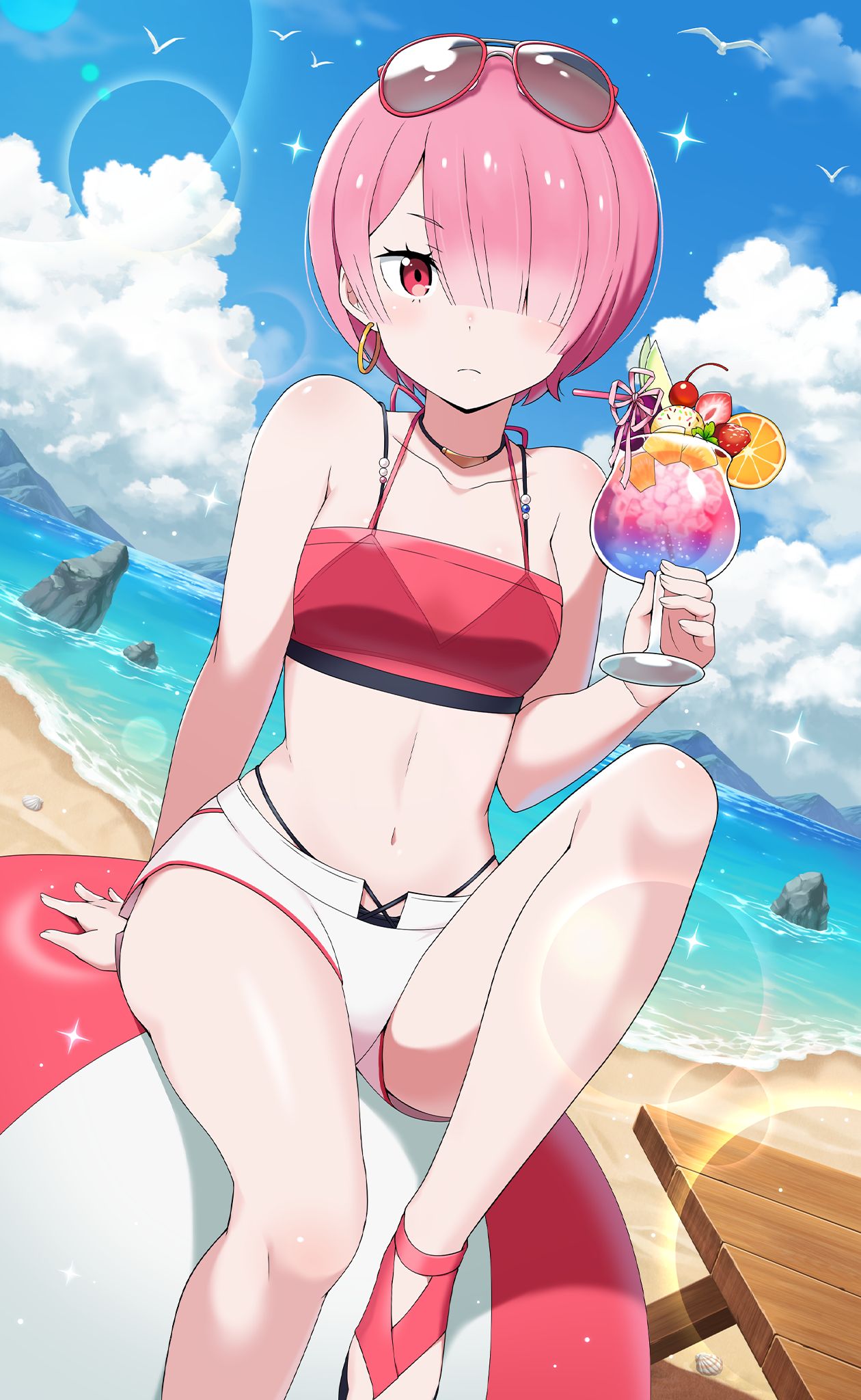 1girl arm_behind_back arm_support ball bare_legs beach beachball bikini bikini_top_only bird blue_sky breasts closed_mouth clouds collarbone cup day drinking_straw earrings eyewear_on_head frown hair_over_one_eye highres holding holding_cup jewelry lens_flare looking_at_viewer navel ocean outdoors pink_hair ram_(re:zero) re:zero_kara_hajimeru_isekai_seikatsu red-framed_eyewear red_bikini red_eyes shiny shiny_hair short_hair short_shorts shorts sitting sky small_breasts solo summer sunglasses swimsuit white_shorts