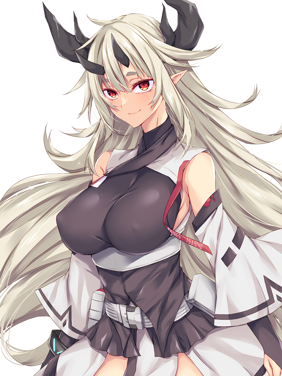 1girl arknights bangs belt black_shirt breasts closed_mouth cowboy_shot detached_sleeves highres horns impossible_clothes impossible_shirt large_breasts layered_sleeves long_hair long_sleeves looking_at_viewer matoimaru_(arknights) pointy_ears red_eyes shirt silver_hair simple_background sleeves_past_wrists smile solo suterii thick_eyebrows underbust very_long_hair white_background