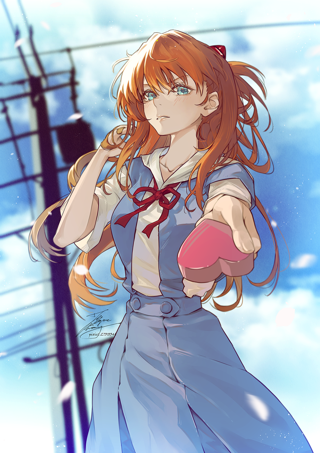 1girl blue_eyes blue_skirt blue_sky blurry blurry_background box clouds commentary_request cowboy_shot fadingz hand_in_hair hand_up heart-shaped_box highres incoming_gift interface_headset light_particles long_hair looking_at_viewer neck_ribbon neon_genesis_evangelion orange_hair outdoors parted_lips power_lines red_ribbon ribbon school_uniform shirt short_sleeves signature skirt sky solo souryuu_asuka_langley suspender_skirt suspenders tokyo-3_middle_school_uniform_(evangelion) utility_pole valentine white_shirt
