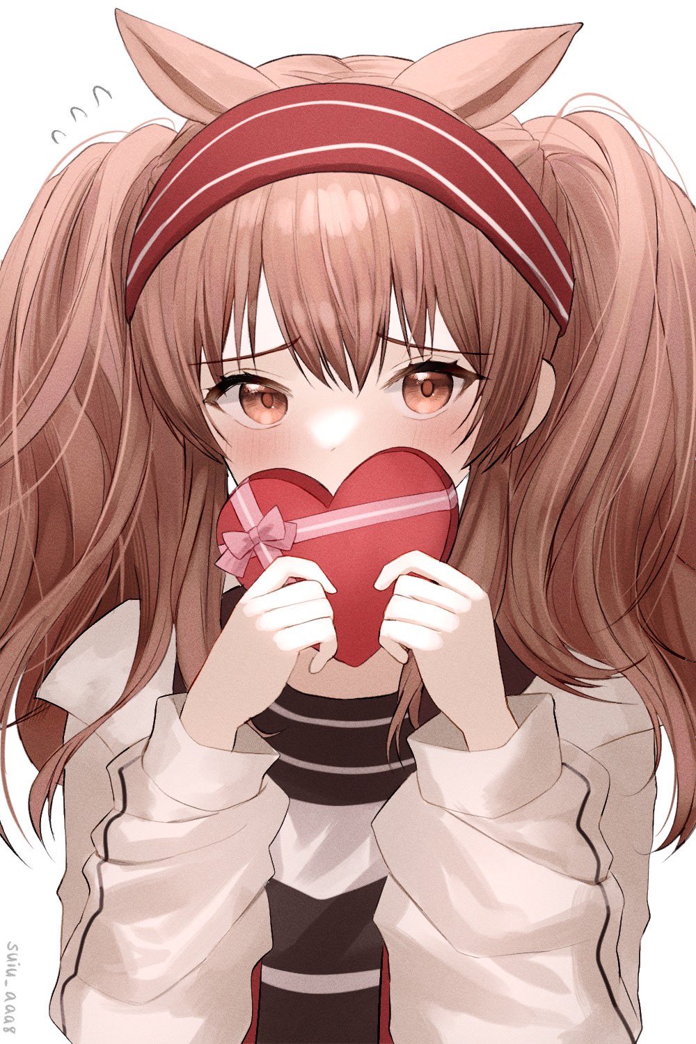 1girl angelina_(arknights) arknights artist_name bangs blush bow box brown_eyes brown_hair embarrassed eyebrows_visible_through_hair flying_sweatdrops gift gift_box hairband hakama heart-shaped_box highres holding holding_gift jacket japanese_clothes long_hair long_sleeves looking_at_viewer open_clothes open_jacket pink_bow red_hakama simple_background solo suiu_aaa8 twintails two-tone_hairband upper_body white_background white_jacket