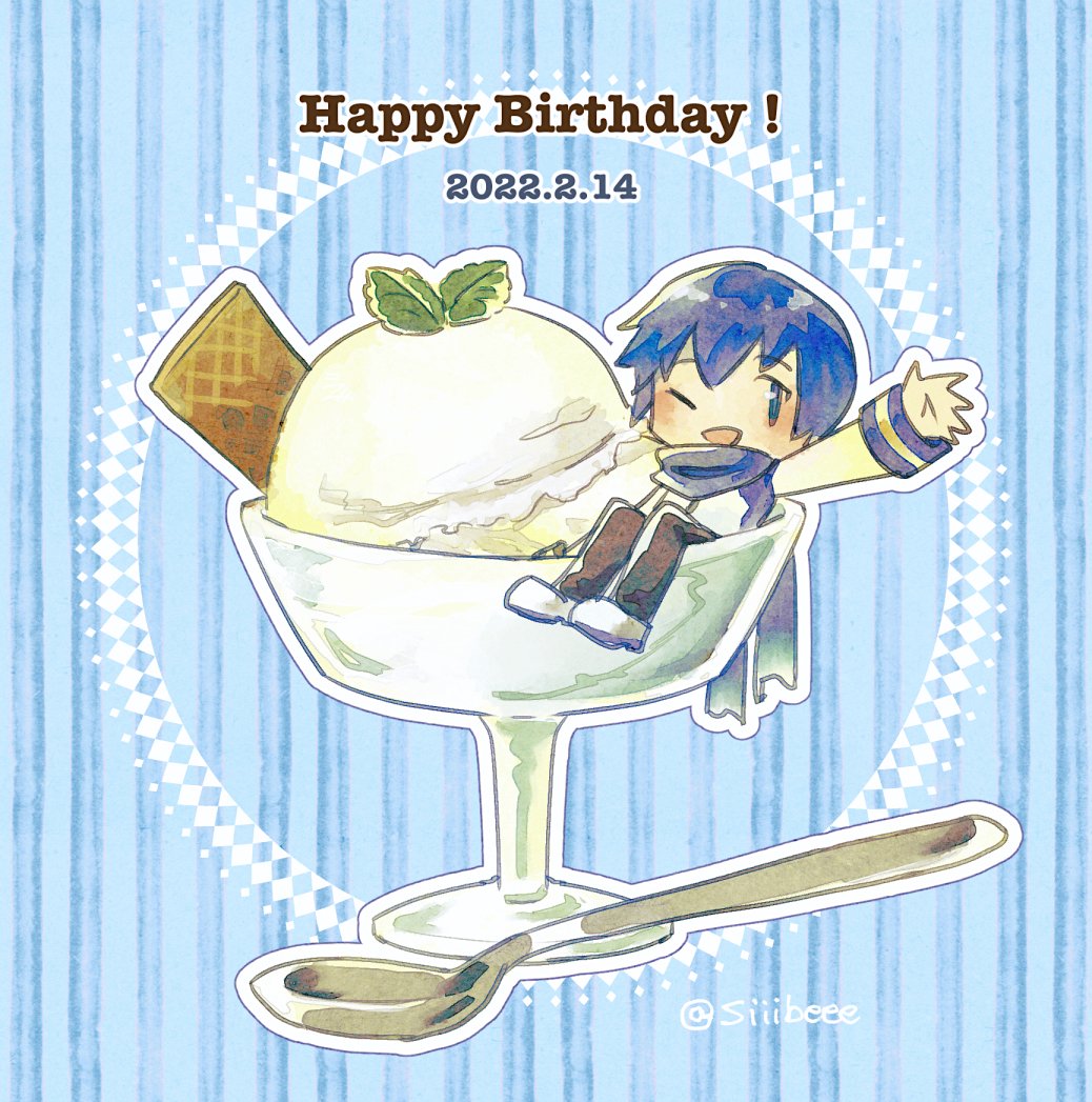 1boy blue_background blue_eyes blue_hair blue_scarf brown_pants chibi coat commentary dated food happy_birthday ice_cream_cup ice_cream_scoop kaito_(vocaloid) looking_at_viewer male_focus miniboy mint one_eye_closed outstretched_arm pants scarf shiibe_(siiibeee) solo spoon striped striped_background twitter_username vocaloid wafer waving white_coat