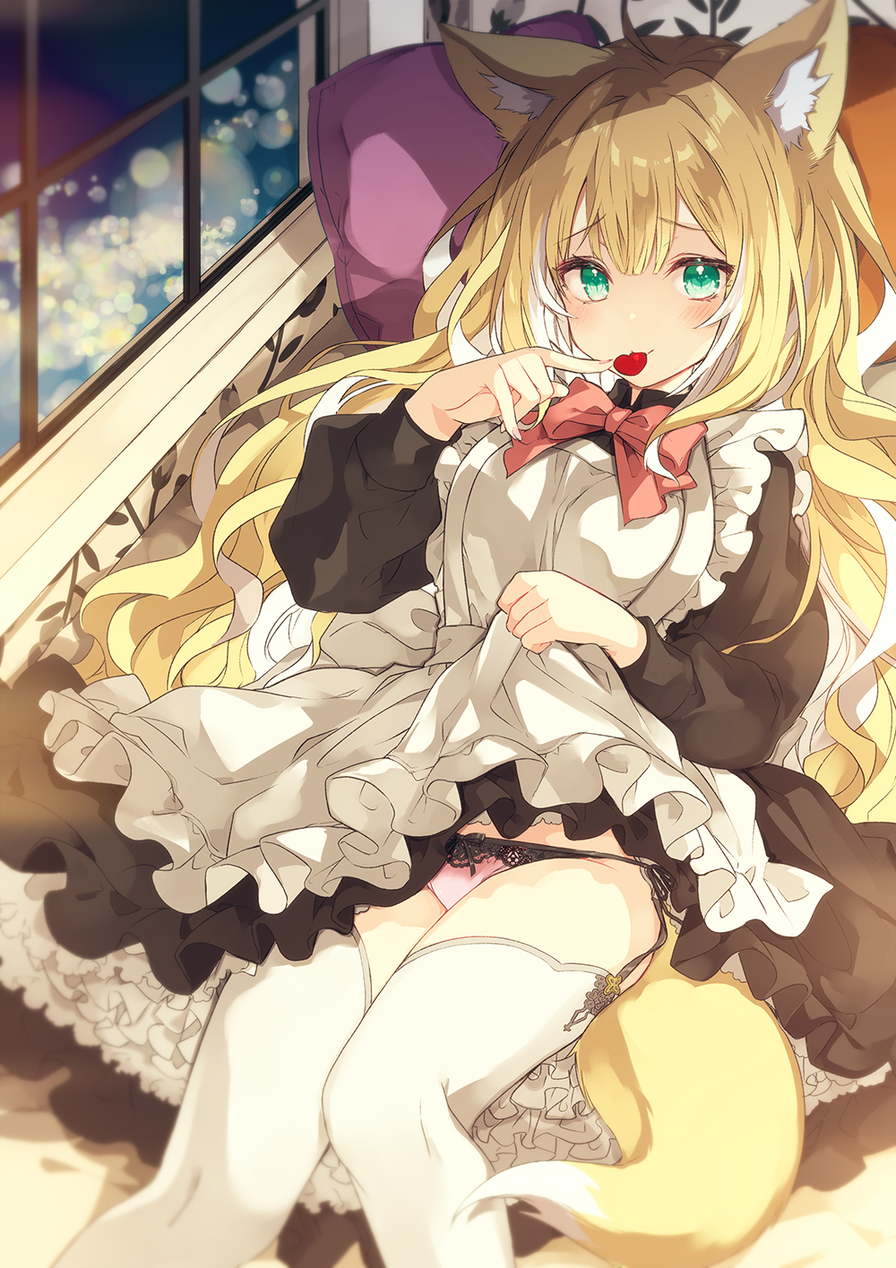 1girl ahoge animal_ear_fluff animal_ears apron bangs black_dress blonde_hair bow breasts closed_mouth commentary_request dress eyebrows_visible_through_hair feet_out_of_frame fox_ears fox_girl fox_tail frilled_apron frills green_eyes hair_between_eyes hand_up heart highres indoors kamiyoshi_rika knees_together_feet_apart long_hair long_sleeves looking_at_viewer lying maid maid_apron medium_breasts on_back original panties pink_bow pink_panties puffy_long_sleeves puffy_sleeves side-tie_panties smile solo tail thigh-highs underwear very_long_hair white_apron