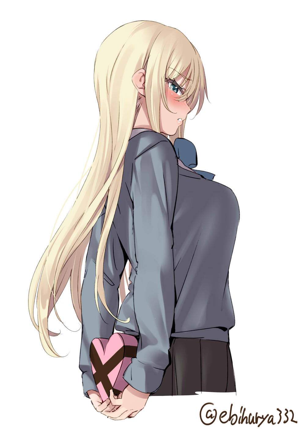 1girl alternate_costume back bismarck_(kancolle) black_skirt blonde_hair blue_eyes blush box breasts candy chocolate cowboy_shot ebifurya food gift gift_box grey_sweater hair_between_eyes happy_valentine heart heart-shaped_box heart-shaped_chocolate highres holding holding_gift incoming_gift kantai_collection long_hair long_sleeves looking_at_viewer looking_back medium_breasts one-hour_drawing_challenge school_uniform simple_background skirt solo sweater twitter_username valentine white_background