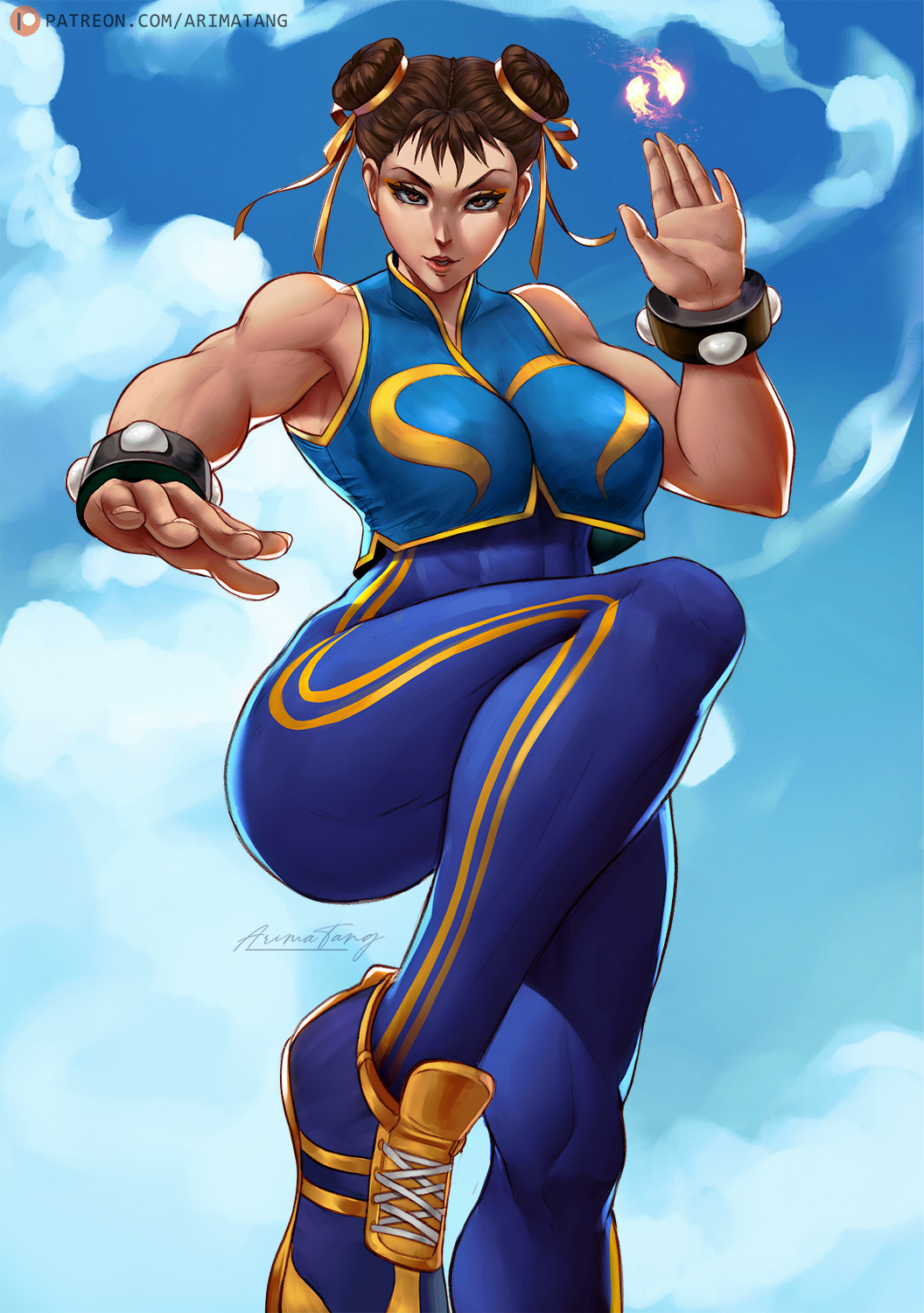 1girl abs arimatang artist_name bangs bare_shoulders breasts brown_eyes brown_hair chun-li clouds hair_ornament hands_up highres large_breasts legs looking_at_viewer muscular muscular_female open_mouth outdoors parted_lips patreon_logo patreon_username shoes sleeveless solo standing standing_on_one_leg street_fighter teeth thighs