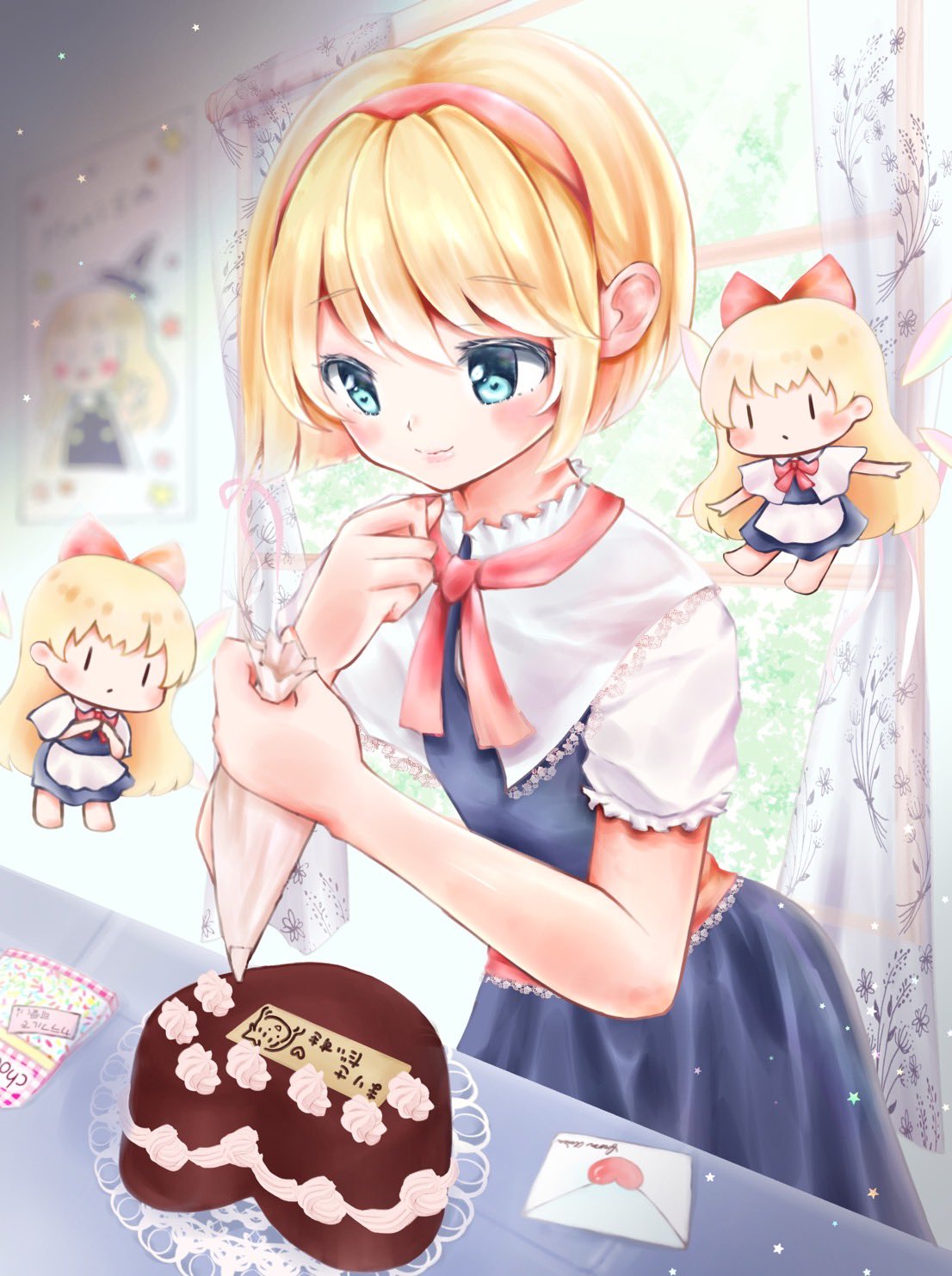 1girl alice_margatroid apron bangs barefoot belt black_eyes black_headwear blonde_hair blue_dress blue_eyes blurry blush bow bowtie buttons cake capelet closed_mouth commentary_request cream curtains doll dress eyebrows_visible_through_hair floral_print flower flying food grey_dress hair_between_eyes hairband hand_up hands_up hat hat_bow heart highres indoors kirisame_marisa long_hair looking_down love_letter open_mouth own_hands_together pink_belt pink_bow pink_bowtie pink_hairband pink_heart red_bow shanghai_doll shirt short_hair short_sleeves smile solo standing table touhou v wall white_apron white_bow white_flower white_shirt window wings witch_hat