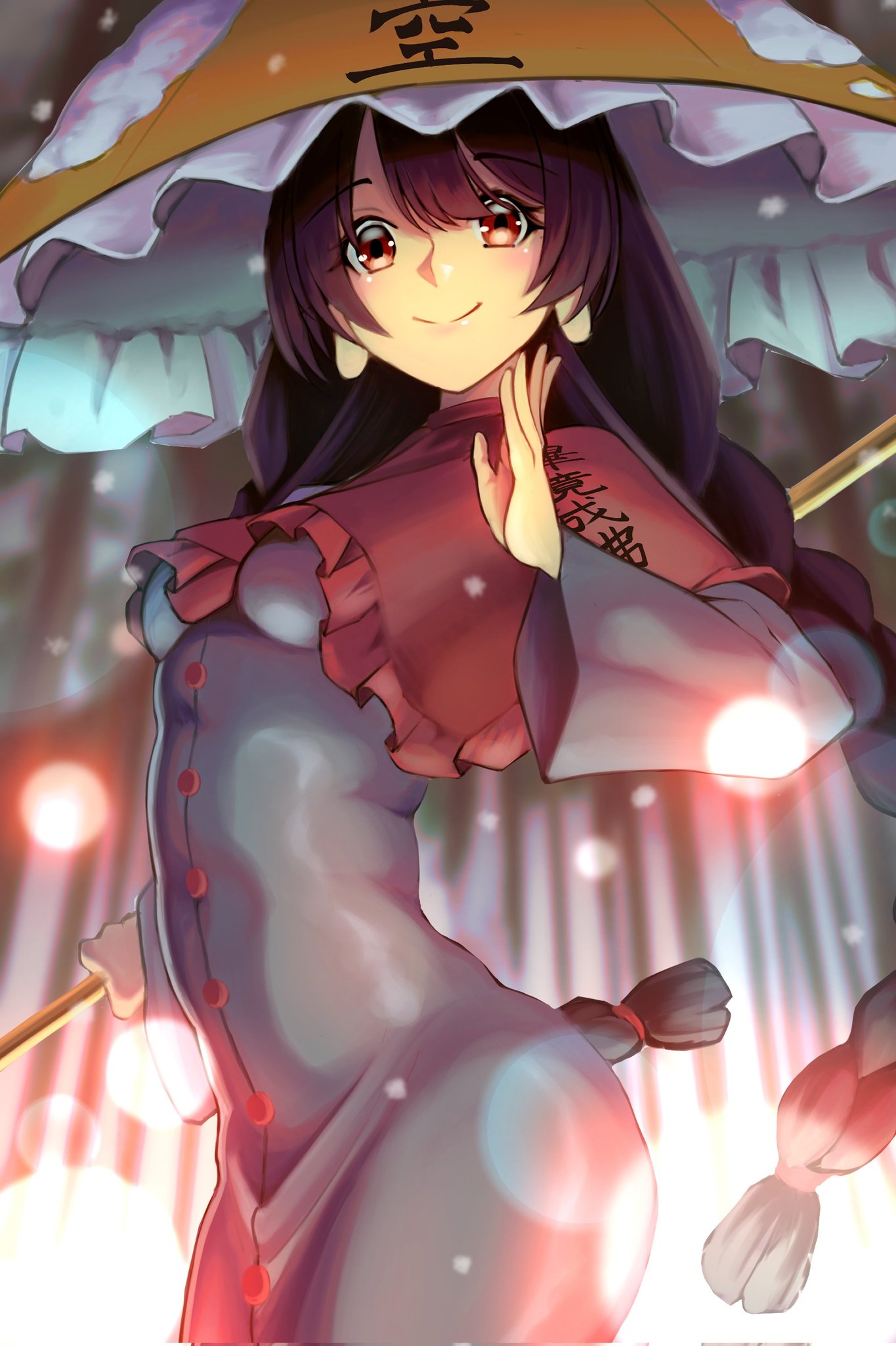 1girl ajirogasa bangs black_hair blunt_bangs blush braid breasts breasts_apart capelet closed_mouth commentary_request danmaku dress equality_taira eyebrows_visible_through_hair eyelashes full_body grey_dress hat highres lips long_earlobes long_hair long_sleeves open_mouth red_button red_capelet red_eyes red_legwear signature small_breasts smile snow_on_headwear solo standing teeth touhou twin_braids yatadera_narumi