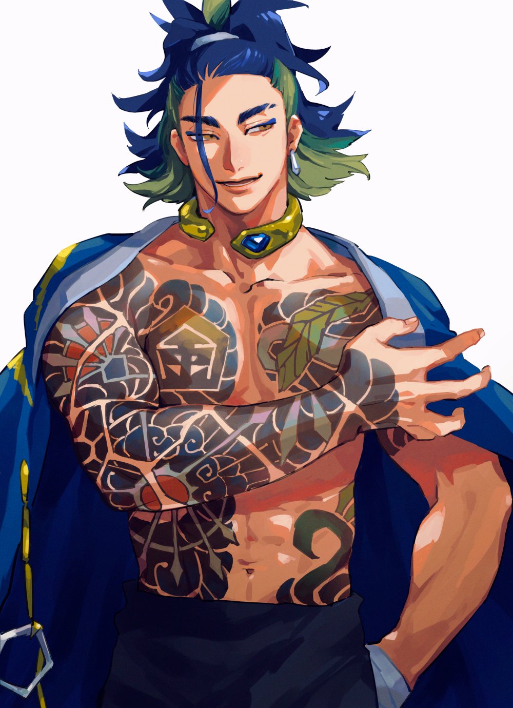 1boy abs adaman_(pokemon) arm_tattoo black_pants blue_coat blue_hair brown_eyes chest_tattoo coat coat_on_shoulders collar collarbone commentary_request earrings eyebrow_cut green_hair hand_in_pocket highres jewelry lower_teeth male_focus navel open_mouth opnune pants pectorals pokemon pokemon_(game) pokemon_legends:_arceus sideways_glance smile solo tattoo teeth tied_hair white_background