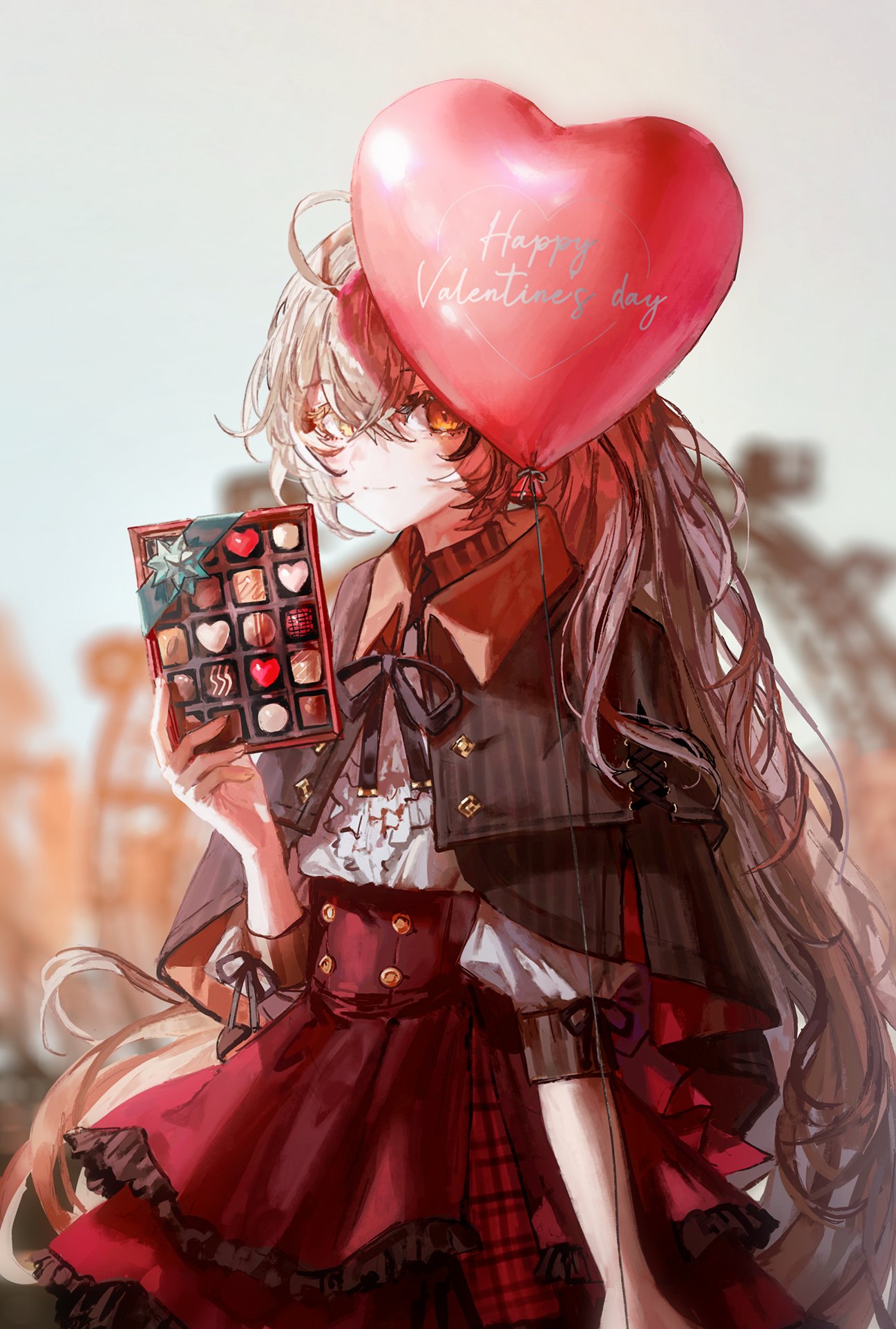 1girl ahoge balloon bangs blurry blurry_background box box_of_chocolates brown_capelet brown_eyes brown_hair capelet depth_of_field ferris_wheel frilled_shirt frills high-waist_skirt highres hololive hololive_english long_hair looking_at_viewer multicolored_hair nanashi_mumei ponytail quasarcake red_skirt ribbon shirt skirt smile solo streaked_hair valentine virtual_youtuber white_shirt