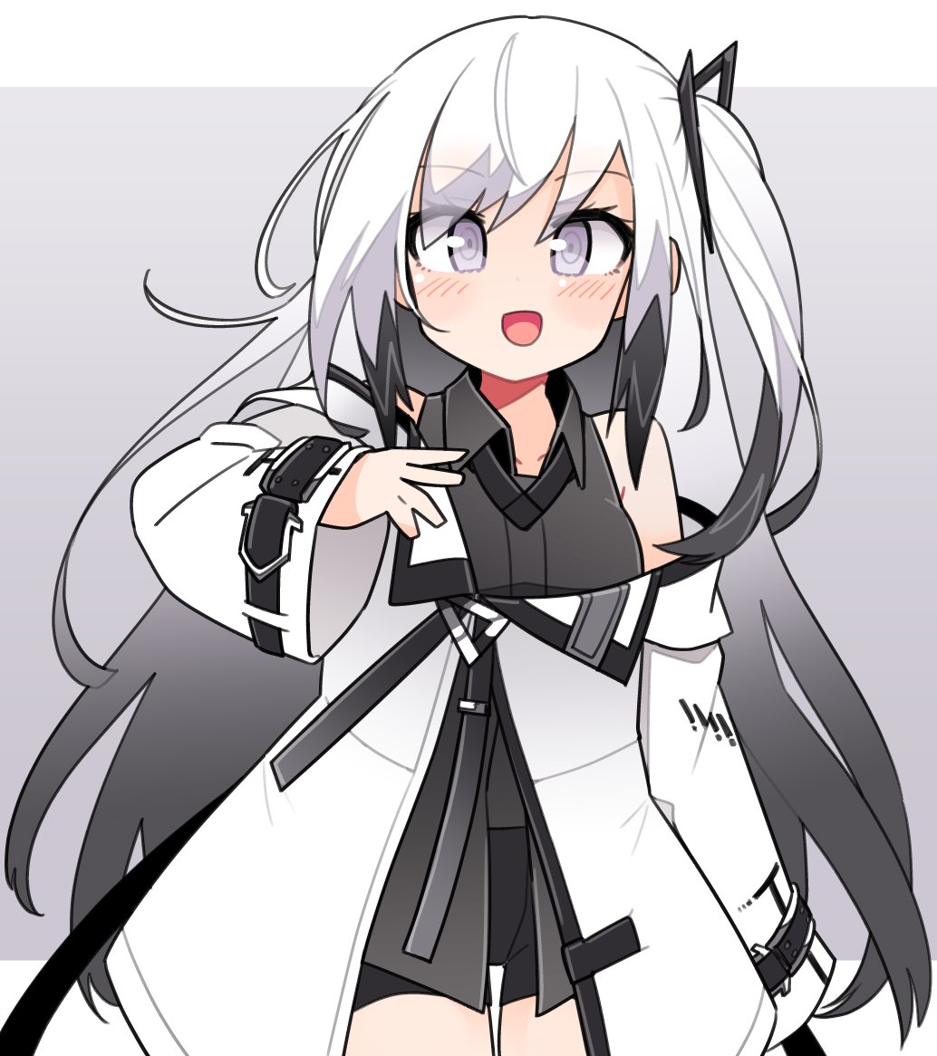 1girl :d bag bangs character_request collarbone copyright_request cowboy_shot eyebrows_visible_through_hair grey_background grey_eyes ini_(inunabe00) jacket long_hair long_sleeves looking_at_viewer open_mouth simple_background smile solo standing white_hair white_jacket