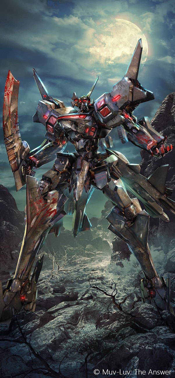 blood blood_on_hands clouds cloudy_sky copyright_name highres holding holding_sword holding_weapon horns immortals:_muvluv_alternative mecha muvluv muvluv_alternative no_humans official_art open_hand red_eyes science_fiction single_horn sky solo su-47_berkut_(muvluv) sword tactical_surface_fighter tani_(tanidesuyo) weapon