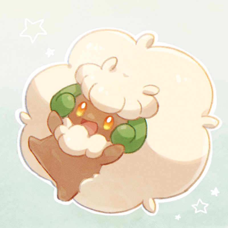 :d commentary_request full_body happy no_humans oniwa_nwai open_mouth orange_eyes outline pokemon pokemon_(creature) smile solo star_(symbol) tongue whimsicott