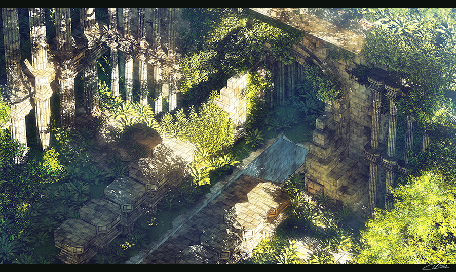 arch artist_name bush commentary_request dappled_sunlight day grass letterboxed no_humans original outdoors pillar ruins scenery signature stairs sunlight tree waisshu_(sougyokyuu)