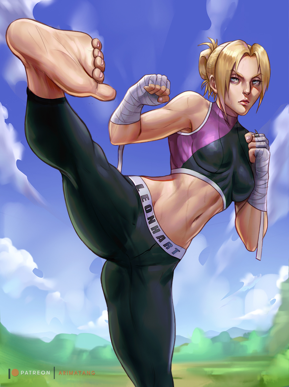 1girl annie_leonhardt arimatang bandages bare_shoulders barefoot blonde_hair blue_eyes breasts closed_mouth clothes_writing clouds feet highres jewelry kicking leg_up medium_breasts navel outdoors ring shingeki_no_kyojin sky sleeveless solo sportswear standing standing_on_one_leg stomach sweat thighs tied_hair toes