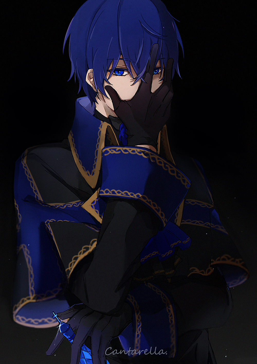 1boy black_background black_capelet black_gloves blue_capelet blue_eyes blue_hair cantarella_(vocaloid) capelet commentary covering_mouth gloves hand_on_own_face highres kaito_(vocaloid) looking_at_viewer male_focus project_diva_(series) rosa_blue_(module) simple_background solo song_name standing upper_body vocaloid yinnnn