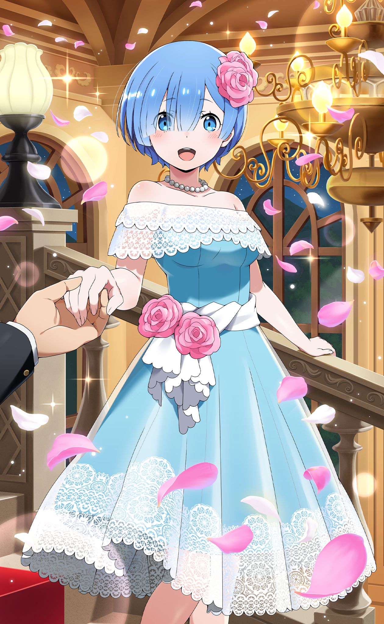 1girl :d bangs bare_shoulders blue_dress blue_eyes blue_hair blush collarbone dress eyebrows_visible_through_hair flower hair_between_eyes hair_flower hair_ornament highres holding_hands jewelry looking_at_viewer necklace off-shoulder_dress off_shoulder open_mouth petals pink_flower pleated_dress re:zero_kara_hajimeru_isekai_seikatsu rem_(re:zero) shiny shiny_hair short_hair smile solo solo_focus stairs standing