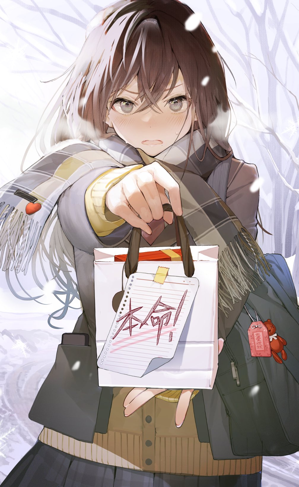 1girl bag blush brown_hair chocolate coat giving highres holding holding_bag hougu_souji long_hair long_sleeves looking_at_viewer open_mouth original scarf snow solo standing symbol-only_commentary translation_request winter_clothes winter_coat