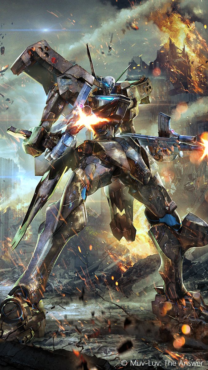 dual_wielding fire gun highres holding holding_gun holding_weapon immortals:_muvluv_alternative mecha muvluv muvluv_alternative no_humans official_art science_fiction solo sparks standing tactical_surface_fighter tani_(tanidesuyo) type_94_shiranui visor weapon